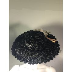 Dramatic and Mint Condition Black Woven Hat with Black Velvet Bow and Handmade Custom Silk Daisy and Leaves. Designed in the 1940's-1950's This Hat was Made By Ann Farkas Perth Amboy. Victorian Cloche Hat For Evening, Black Cloche Hat For Church And Kentucky Derby, Vintage Black Cloche Hat With Wide Brim, Black Vintage Cloche Hat With Wide Brim, Black Cloche Hat For Church, Black Cloche Church Hat, Retro Black Hat For Vintage Events, Brimmed Black Cloche Hat For Church, Black Brimmed Cloche Hat For Church