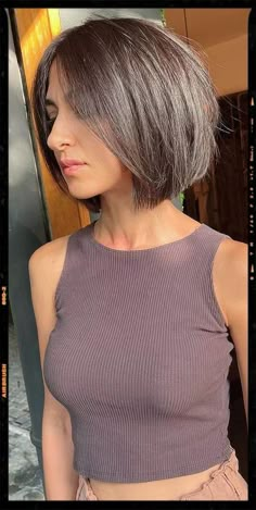 Hair Color Idea - Brunette Bob Hairstyle Short Hairstyle Brunette Women, Dark Brown Bobs Haircuts, Brunette Short Bob Hairstyles, Mushroom Brown Bob Hair, Ash Brown Hair Bob, Brown Bobs Haircuts, Ash Brown Bob Haircut, Bob With Thick Hair, 2023 Bob Hair Trends