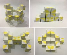 four different views of cubes with yellow and white squares on them, all arranged in the same pattern