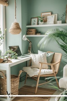 a home office with green walls and wicker furniture