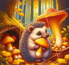 a hedge is sitting in the forest with mushrooms and mushrooms around him, holding a piece of