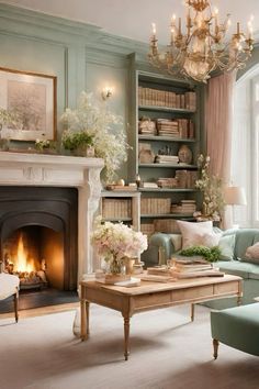 a living room filled with furniture and a fire place under a chandelier in front of a fireplace