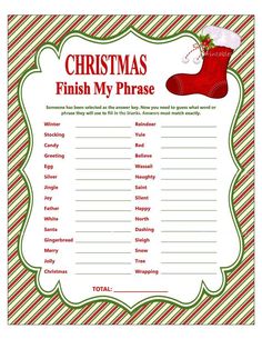 christmas trishh my phrase game is shown in red and green stripes with a santa boot