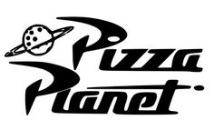 the pizza planet logo is shown in black and white, with an image of saturn