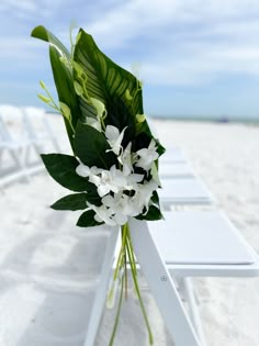 a bouquet of white flowers sitting on top of a beach next to chairs and the ocean