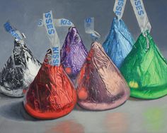 an oil painting of four different colored foil wrapped candies