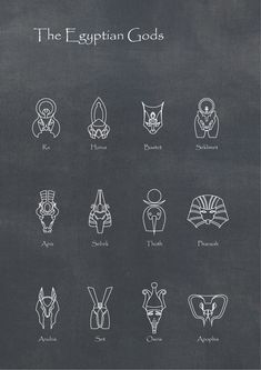 the egyptian gods written in white chalk on a blackboard with an illustration of their symbols