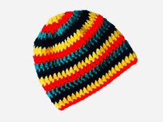 Hand knit Crochet hat, Mens Reggae Rasta colours beanie, Trendy ski sports hat Knitted Winter Beanie. Handmade in a retro style. Trendy knit hat ... Suitable for all outdoor or indoor sports. Made in Jamaican vibrant colours of red, yellow, green and black.  Unisex / Gender neutral.  Sizes available :- (Approx) Small: Circumference 19"/ height 8" Medium :  Circumference 20"/height 8.5" Large :  Circumference 21" / height 9" Ex Large: Circumference 22" / height 9.5" 100% acrylic yarn ... Machine Crochet Skull Cap, Grunge Beanie, Rasta Clothes, Bonnet Au Crochet, Style Beanie, Reggae Style, Crochet Skull, Mens Beanie Hats, Rasta Colors