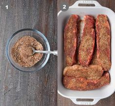 the meat is being prepared and ready to be put into the oven with seasoning