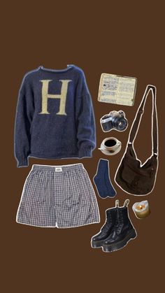 an assortment of clothing and accessories are laid out on a brown background, including shoes, hat, bag, sweater, socks, belt, purse