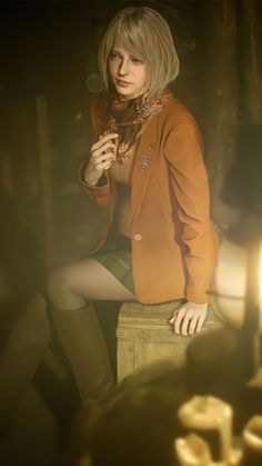 a woman sitting on top of a wooden bench wearing a brown jacket and skirt with her legs crossed