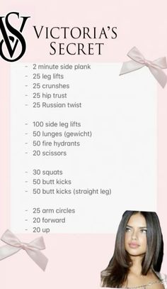 the victoria's secret workout plan is shown in pink and white with bows on it