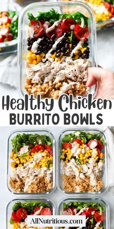 the healthy chicken burrito bowls are packed in plastic containers and ready to be eaten