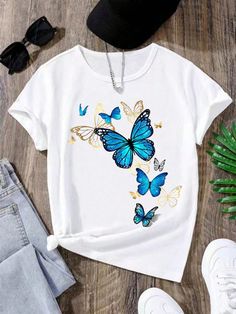 Tween Girl Casual Butterfly Printed Short Sleeve T-Shirt, Summer Black Casual  Short Sleeve Fabric Animal,Butterfly  Medium Stretch  Tween Girls Clothing, size features are:Bust: ,Length: ,Sleeve Length: Cutesy Outfit, Animal Butterfly, Stylish Outfits Casual, Aesthetic Tshirt, Butterfly T Shirt, Girls T Shirts, Butterfly Shirts, Cute Preppy Outfits