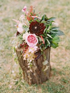 an arrangement of flowers is placed on top of a tree stump