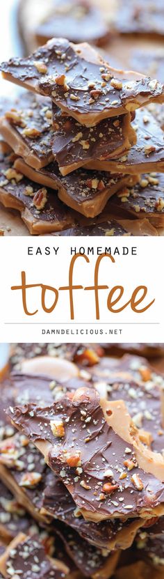 homemade toffee recipe with chocolate and nuts on top, in front of a white background