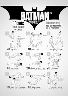 the batman workout poster shows how to do it in 10 minutes or less, with instructions for