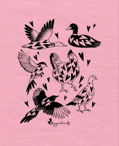 some birds are flying around on a pink paper with black and white designs in the middle