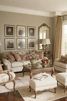 a living room filled with lots of furniture and pictures on the wall above it's windows