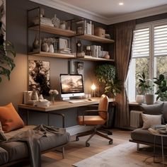 a living room filled with furniture and a computer desk in front of a large window