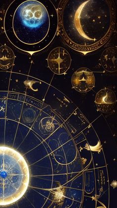 an astrological chart with stars and planets in the sky, as well as moon phases