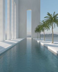 an empty pool with palm trees in the middle and water running through it, surrounded by white pillars