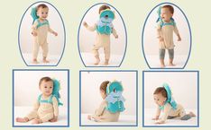 six pictures of a baby with a stuffed animal in it's back and four different images of the same child