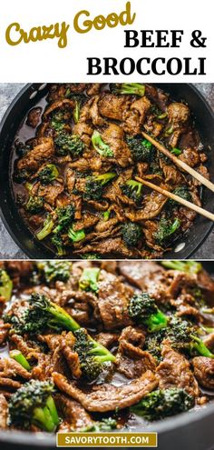 beef and broccoli stir fry in a skillet with chopsticks