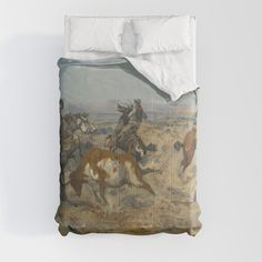 a bed with a painting on the side of it and two people riding horses in the background