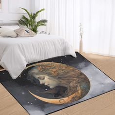 a bed room with a neatly made bed and a large painting on the floor next to it