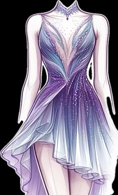 a drawing of a woman wearing a purple and blue dress with sequins on it