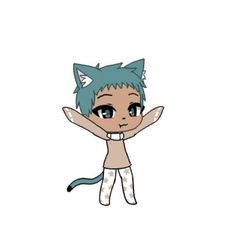 an anime character with blue hair and cat ears, standing in front of a white background