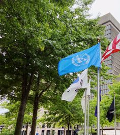 several flags are flying in front of a tall building with trees and bushes around it