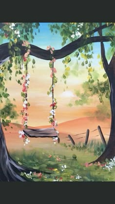 a painting of a tree swing with flowers hanging from it