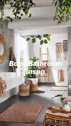 a bathroom with plants and towels hanging on the wall next to the bathtub, sink, toilet and mirror