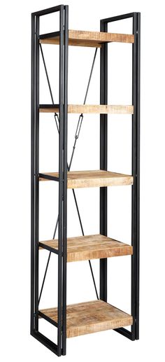 an industrial shelving unit with wooden shelves and black metal frame, against a white background