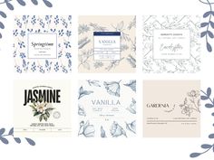 four different wedding cards with blue flowers and leaves on them, one is for the bride