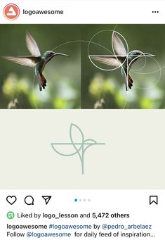 two pictures of a hummingbird flying in the air with their wings spread wide open