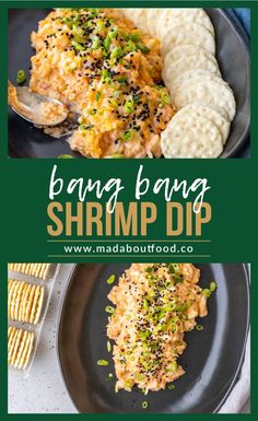 two plates with different types of food and the words bang bang shrimp dip on them