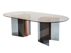 an oval glass table with two wooden legs