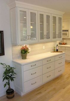 a kitchen with white cabinets and wood floors in front of a potted plant on the counter