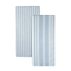 two blue and white striped towels on a white background, one is folded in half