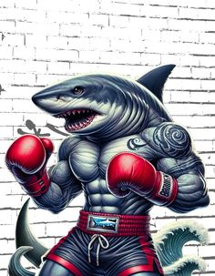 a drawing of a shark wearing boxing gloves and holding a punching glove in front of a brick wall