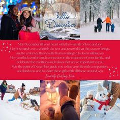 a collage of photos with people in the snow and christmas decorations on them, including an image of a man holding a woman's hand