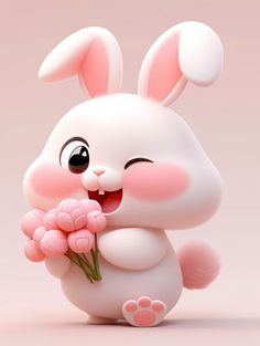 a cute little bunny holding some pink flowers