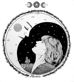 a black and white drawing of a woman's face with the moon in the background