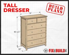 the tall dresser is shown with measurements for it