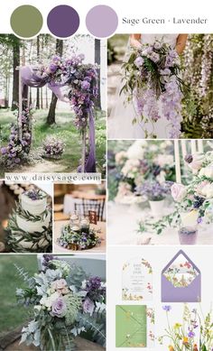 the color scheme is lavender and green with white flowers, greenery and purple accents