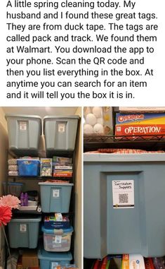 the inside of a storage room with plastic containers and other items on shelves in it