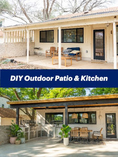 the before and after photos of an outdoor patio and kitchen area in a home with white walls